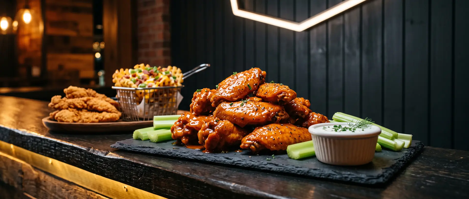 A platter of Komic Karma chicken wings on the pass, sauced and ready