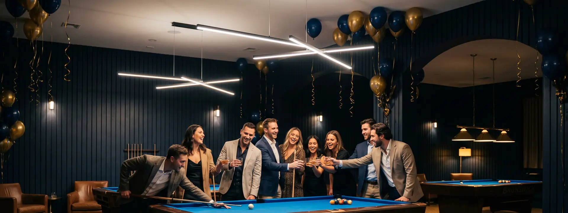A private party at Komic Karma — friends raising a toast around a blue-felt Brunswick table under navy and gold balloons
