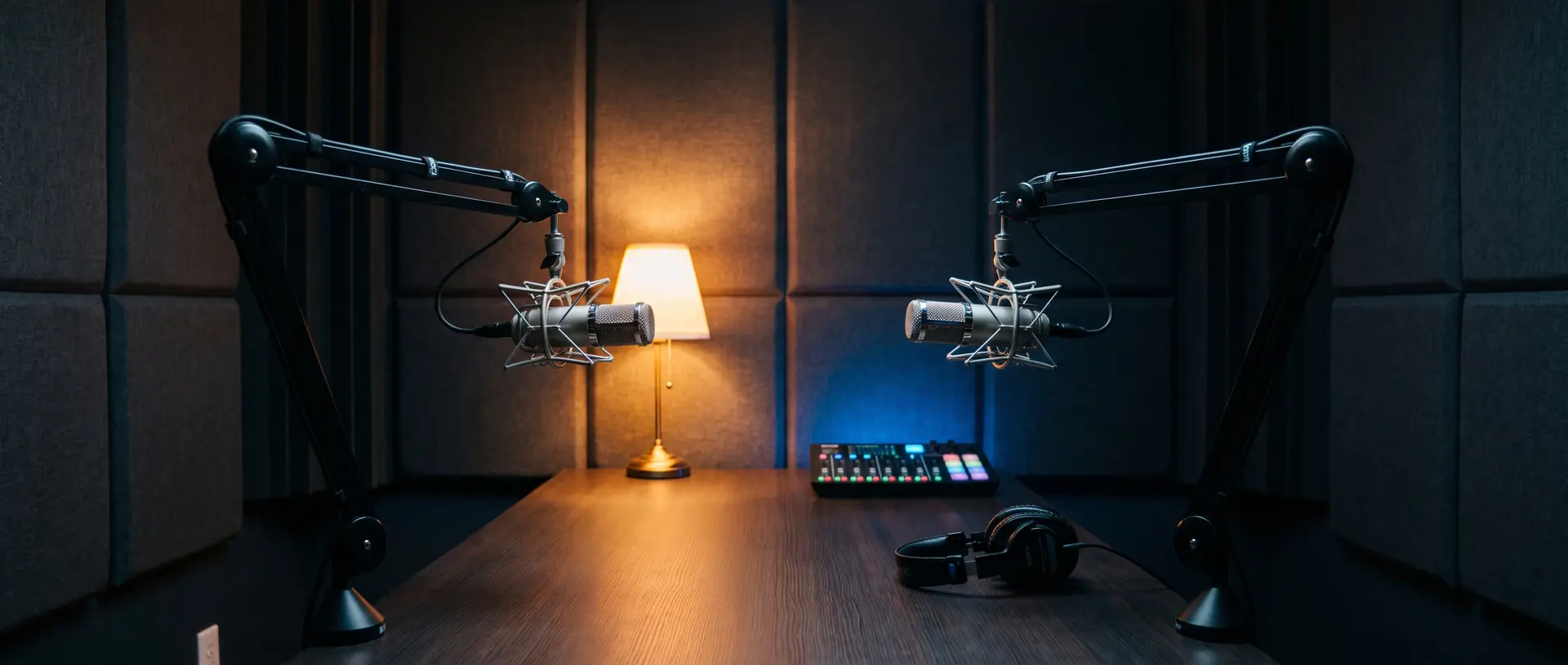 The bookable podcast booth at Komic Karma — twin condenser microphones, acoustic panels and a mixing desk